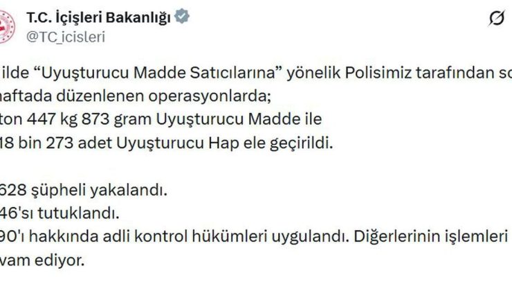 75 ilde uyuşturucu operasyonu: 1628 gözaltı, 846 tutuklama