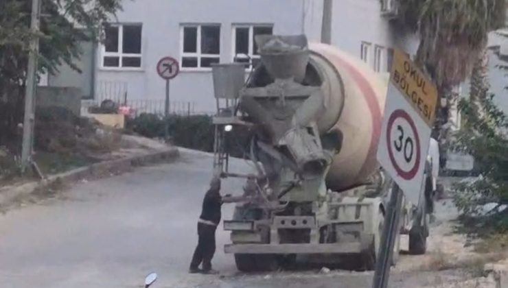 Mikserin yola beton dökmesi kamerada