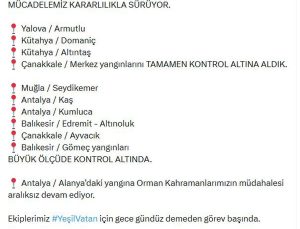 Yalova, Kütahya ve Çanakkale yangınları tamamen kontrol altına alındı