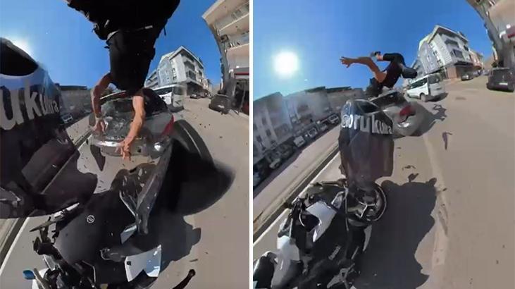 Bursa’da motosiklet sürücüsü, otomobile arkadan çarparak takla attı