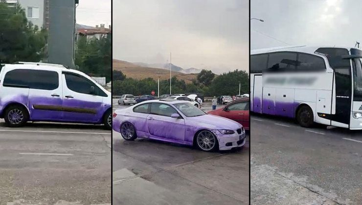 TIR’dan döküldü, yağmurla tepkimeye girdi! Araçlar mora boyandı, soruşturma başlatıldı