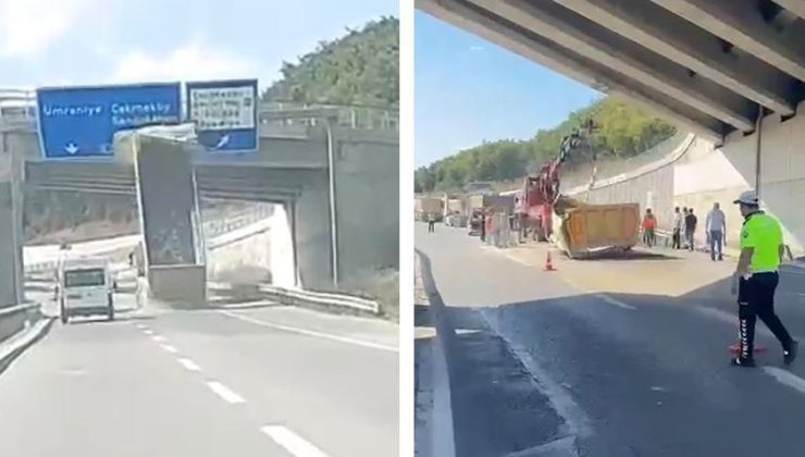 Çekmeköy’de hafriyat kamyonu üst geçide çarptı! Dorse yola devrildi