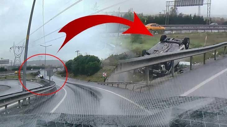 İstanbul Göktürk’te virajı alamayan aracın takla attığı anlar kamerada